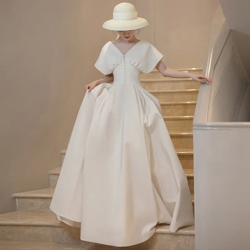 

Harajpee White Satin Simple Dresses French Light Wedding Dress 2024 New Daily Travel Photos Vintage Certification Chic Vestido