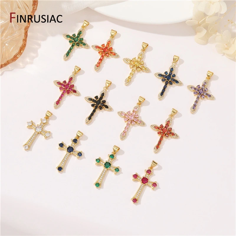 Dij De Cruz Coloridos De Circón Con Incrustacion De Latón Chapado En Oro De 14 Quilat Para Bricolaje, Encanto De Fe Religiosa, Collar, Accorios Para Hacer Joyas - AliExprs 36