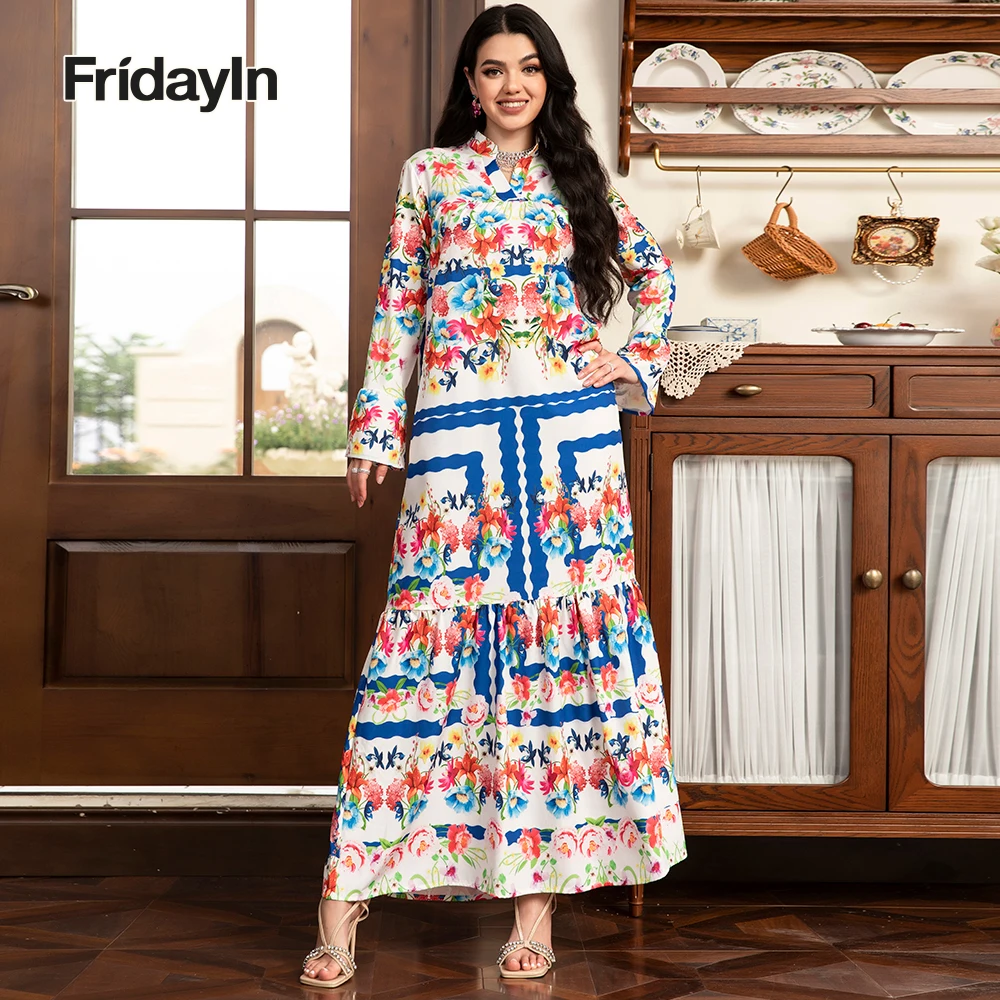 Muslim Abaya Sweet Party Long Dresses for Women V-neck Printing Color contrast Splicing Flared Sleeve Female A-line Skirt Kaftan