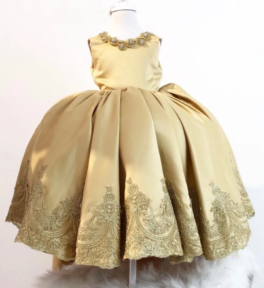 

Gold Satin Flower Girl Dress for Wedding Lace Applique Kids Birthday Party Dress Christmas Prom Pageant Gown
