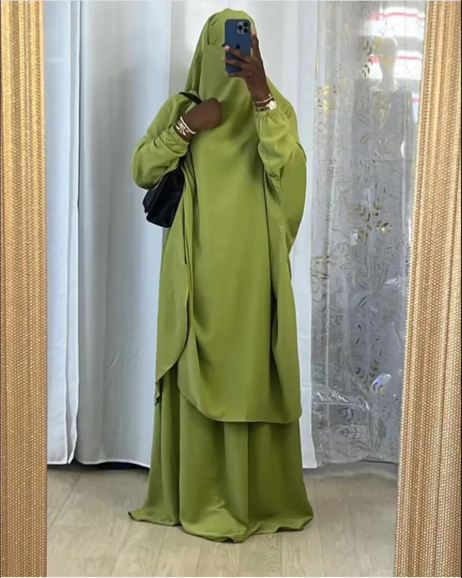 Two Piece Jilbab Prayer Set Abaya for Woman Batwing Sleeve Dress Muslim Kaftan Robe Long Khimar Islam Turkey Ramadan Clothes