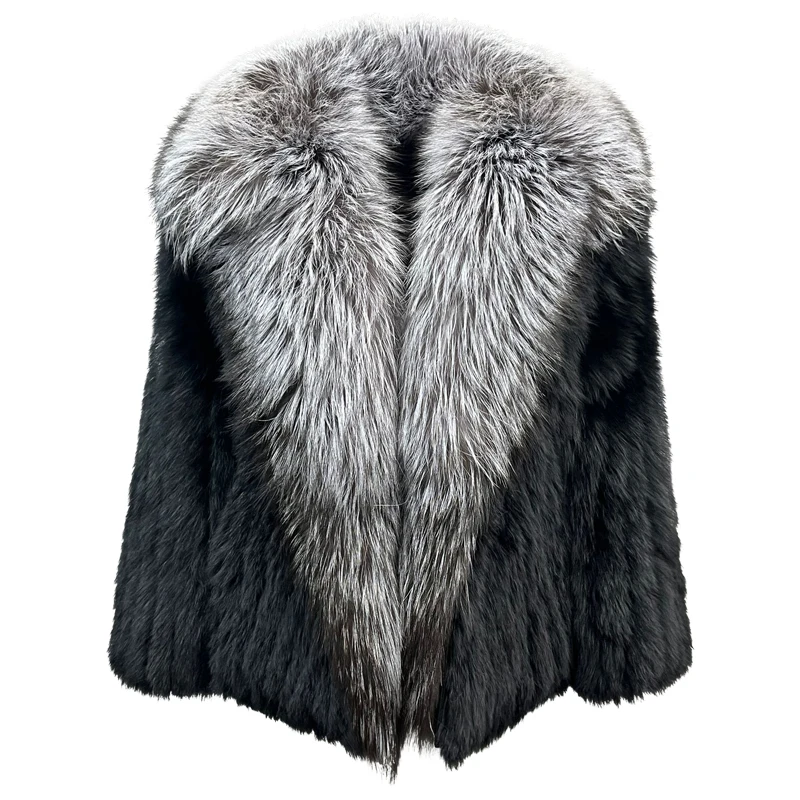 

Женское вязаное пальто с большим серебристым воротником, модная Роскошная Шуба из натурального меха лисы, зима 2024