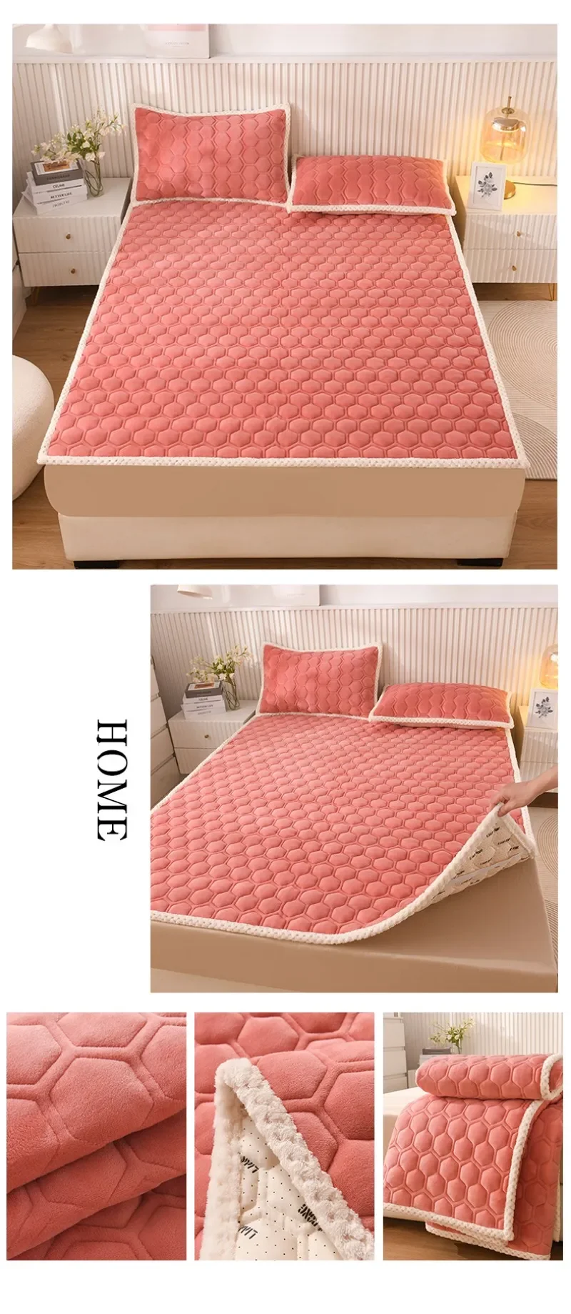 Description Picture 3 of itemThick Fleece Mattress Pad Warm Coral Fleece Bed Blanket Pads for Winter Solid Color Mattress Protector Cover for Double Beds