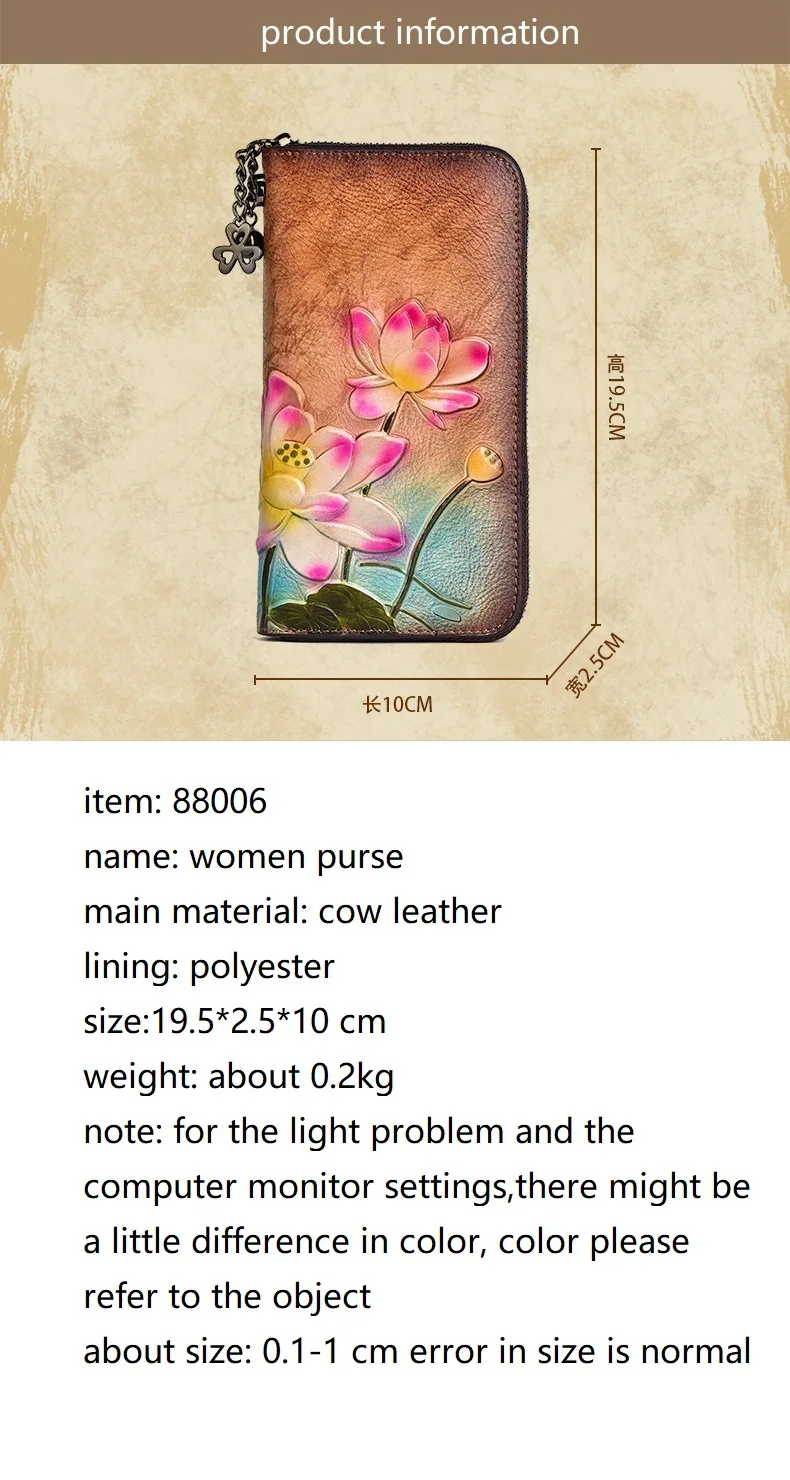 Blumen echte Kuh Leder Geldbörse weibliche Vintage Echt leder Frau Brieftasche lange chinesische Lotus Muster Clutch Tasche – Detail 2