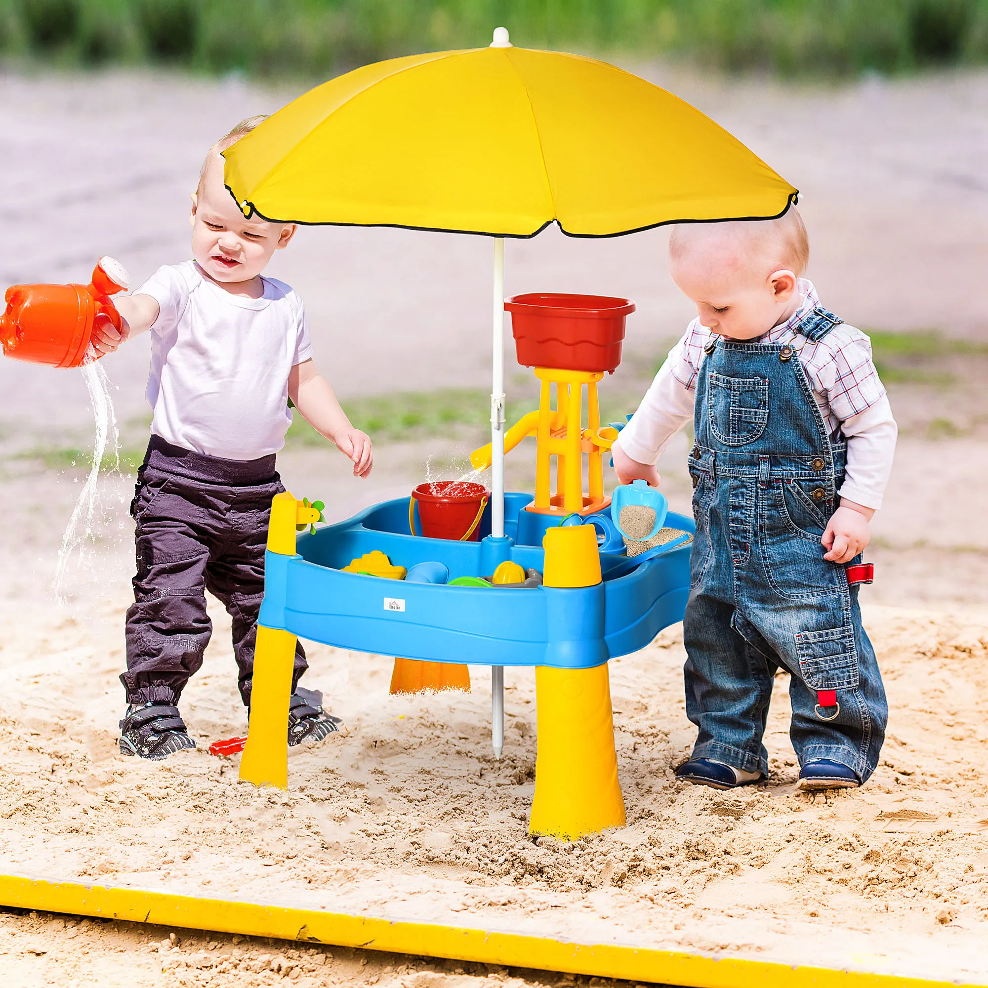 

2-in-1 Covered Sandbox Table with Umbrella for Outdoors and Indoors, 25-Piece Sand and Water Table for Toddlers, Little Kids Toy