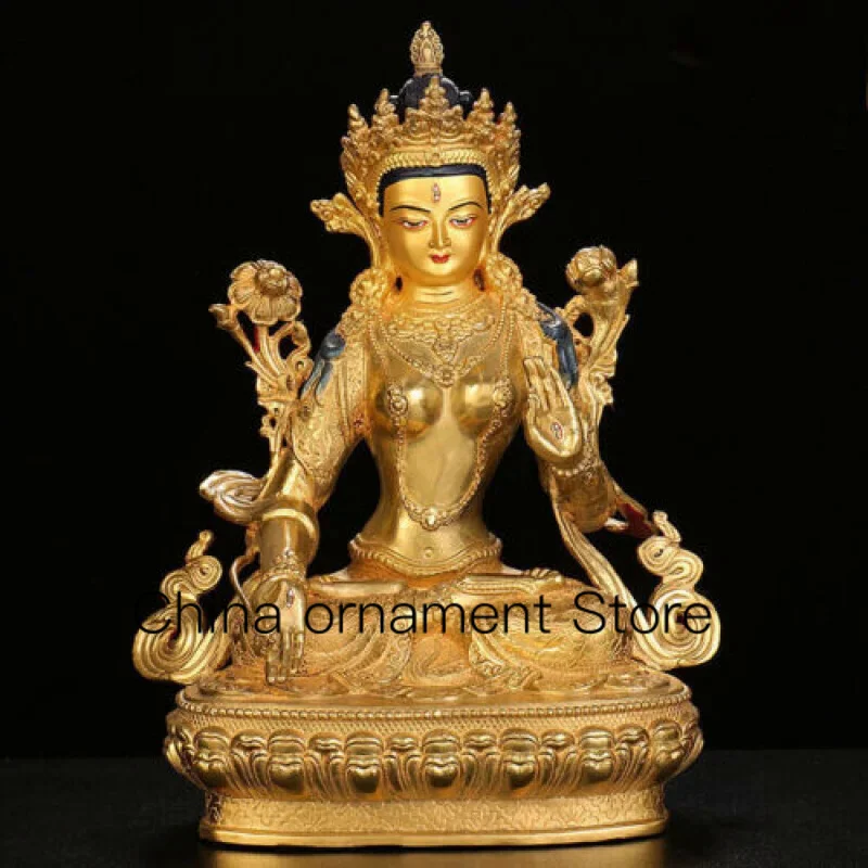 

12" Handpainted statue gilt bronze Buddha Tara white Bodhisattva treasures