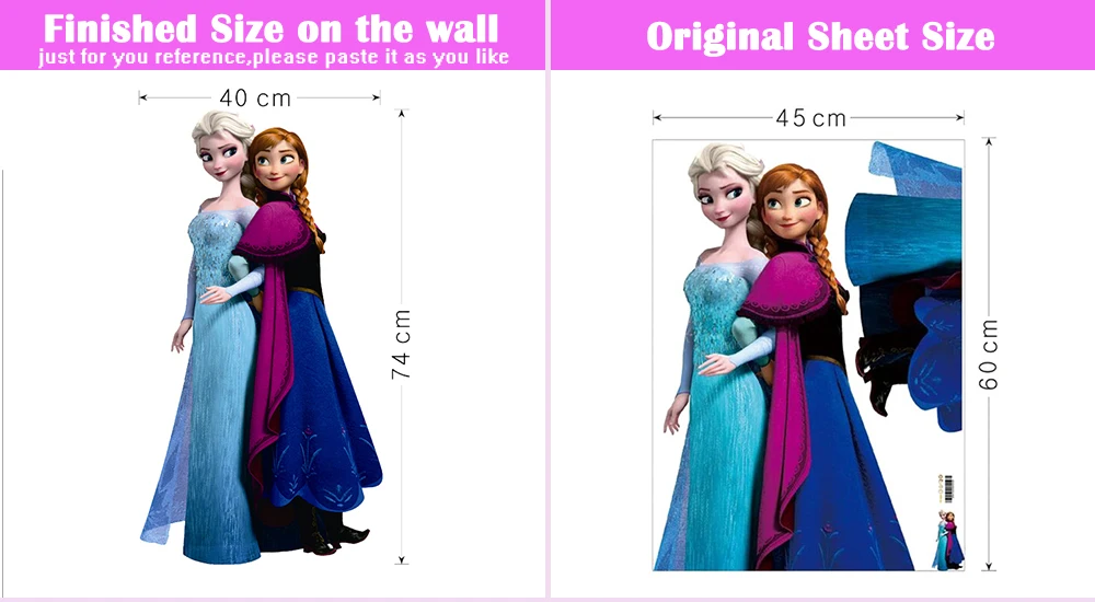 Seinakleeps illustratsiooniga Elsa ja Anna tegelaskujudest filmist 'Frozen', suuruses 40 cm x 74 cm, valgusel taustal mõõtmetega 45 cm x 60 cm.