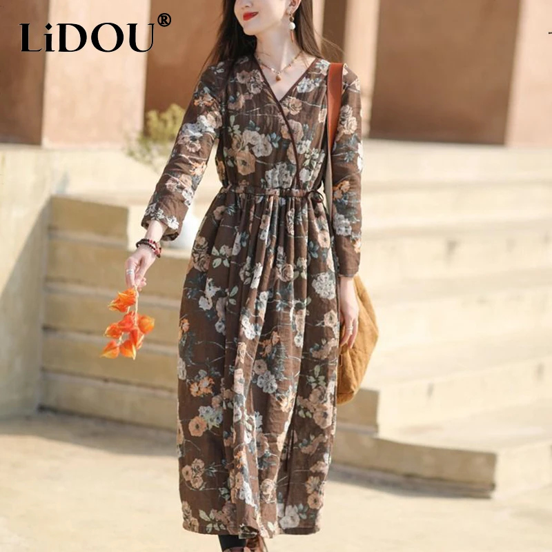 

Spring Summer V-neck Floral Printing Waist Vestido Female Casual Fashion Literary Vintage Long Sleeve Robe Women Elegant Dress