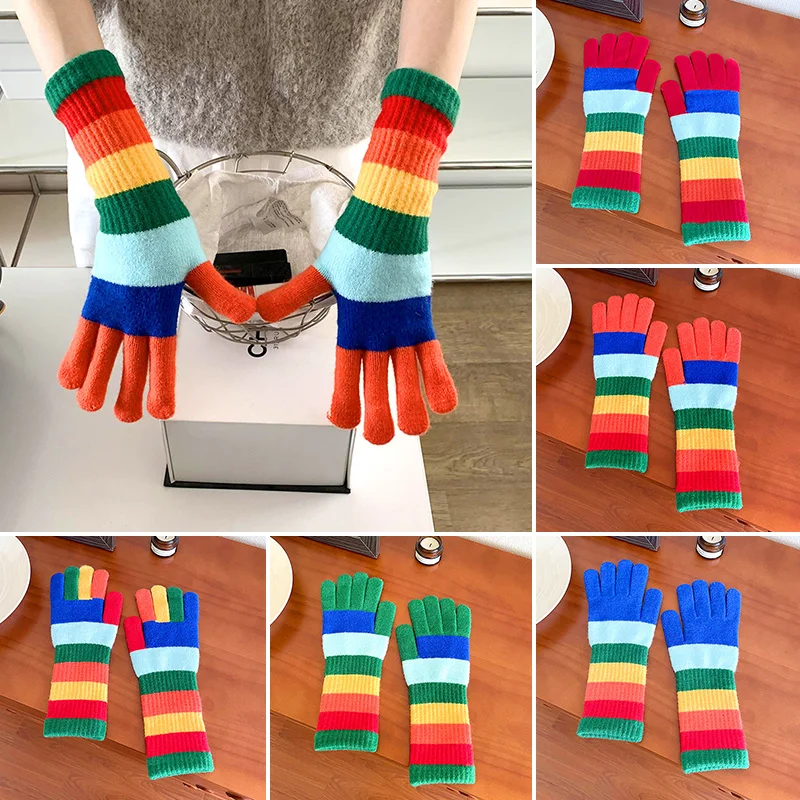

Rainbow Color Stripe Knitted Gloves Winter Windproof Touch Screen Mittens Warm Full Fingers Glove Outdoor Skiing Cycling Mitten
