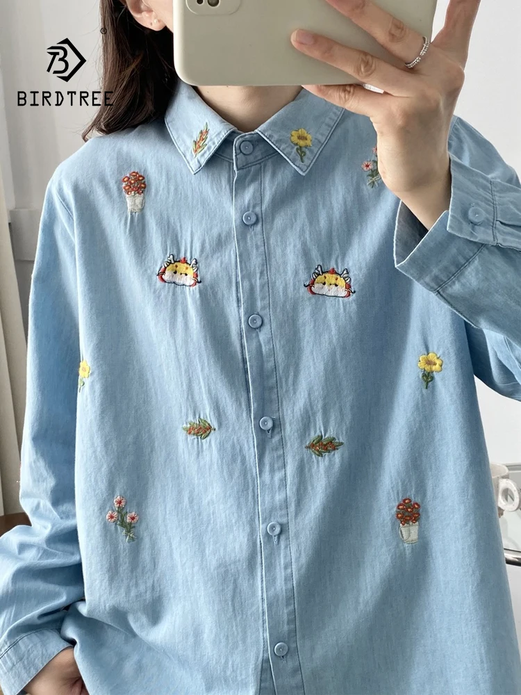 

New Autumn Cotton Embroidery Denim Shirts Women Lapel Tops Girl Long Sleeve Loose Age Reduction Blouses 2024 Spring T42876QC