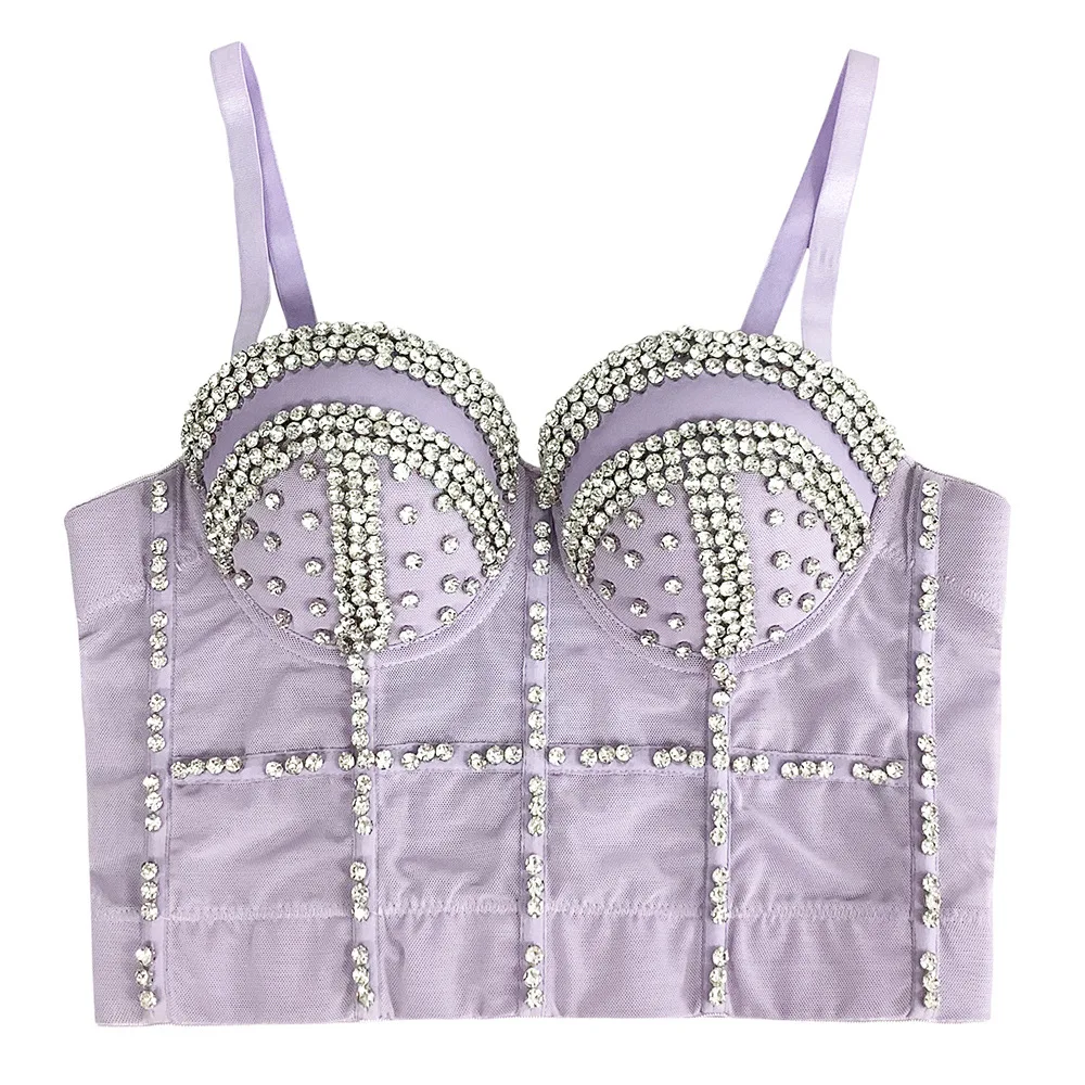New Women Mesh Camisole Top Beaded Bright Diamonds Fashion Backless Crop Top Bustier Bra Night Club Party Tank Tops