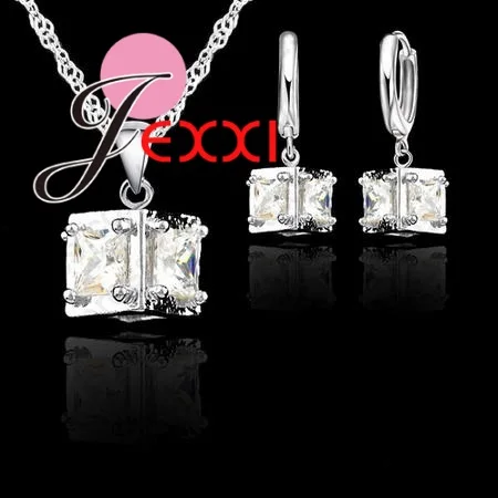925 Sterling Silver Jewelry Set For Women Vintage Trendy Cubic Zircon Crystal Necklace Drop Earrings