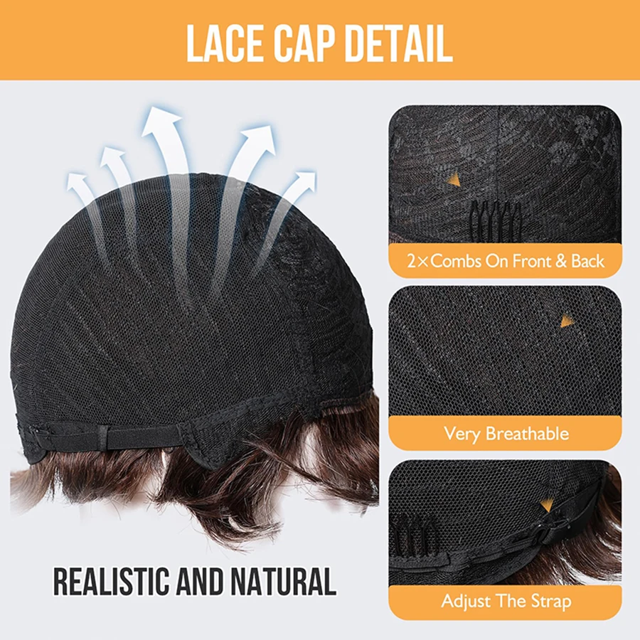 Short Wavy Pixie Cut Wig Human Hair Wig with Bangs for Women Full Machine Made Wigs(6 Inch 150% Density) human hair wigs