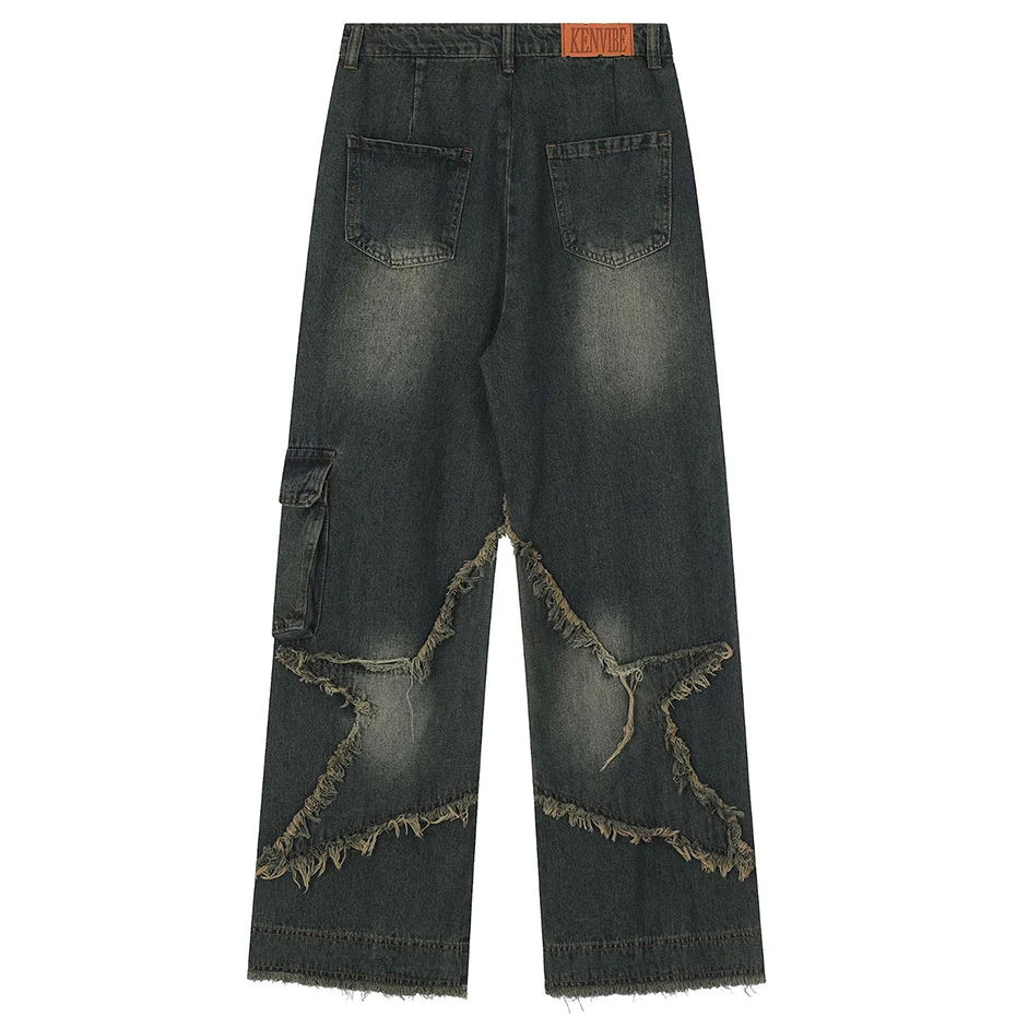 Vintage Baggy Jeans Star Patchwork Loose Straight Denim Pants 2023 New Men Hip Hop Streetwear Jeans 2