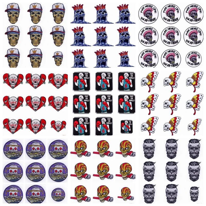 

10pcs/Lot Embroidered Patch Skull Patches On Clothes DIY Punk Clothes Stripes Iron On Patches For Clothing Badges On Backpack