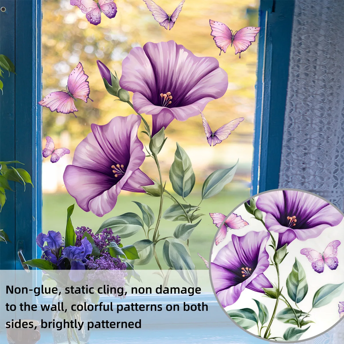 Purple Flowers Butterflys Glass Windows Home Landscaping Decoration Electrostatic Uv Window Stickers House Decoration