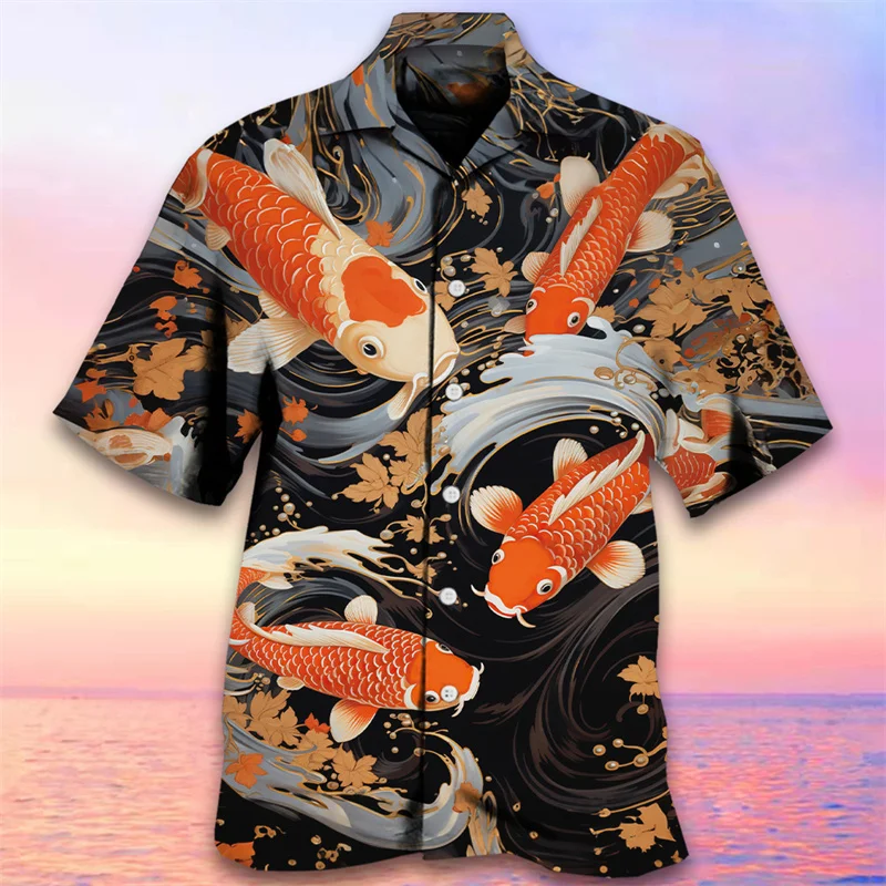 thumbnail image 1 of Camisas de playa con estampado 3D de carpa hawaiana, camisas de peces hawaianos para hombres, ropa informal de vacaciones, blusa de solapa de manga corta, 1 of 4