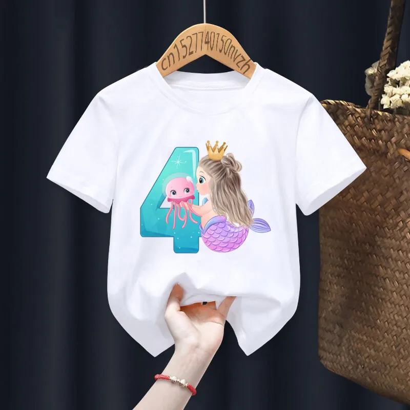 Mermaid Birthday Numbers Print Boy Girl T-Shirt Bianca Kid Summer Harajuku Kawaii Funny Clothes Little Baby Y2K Clothes,Drop Ship