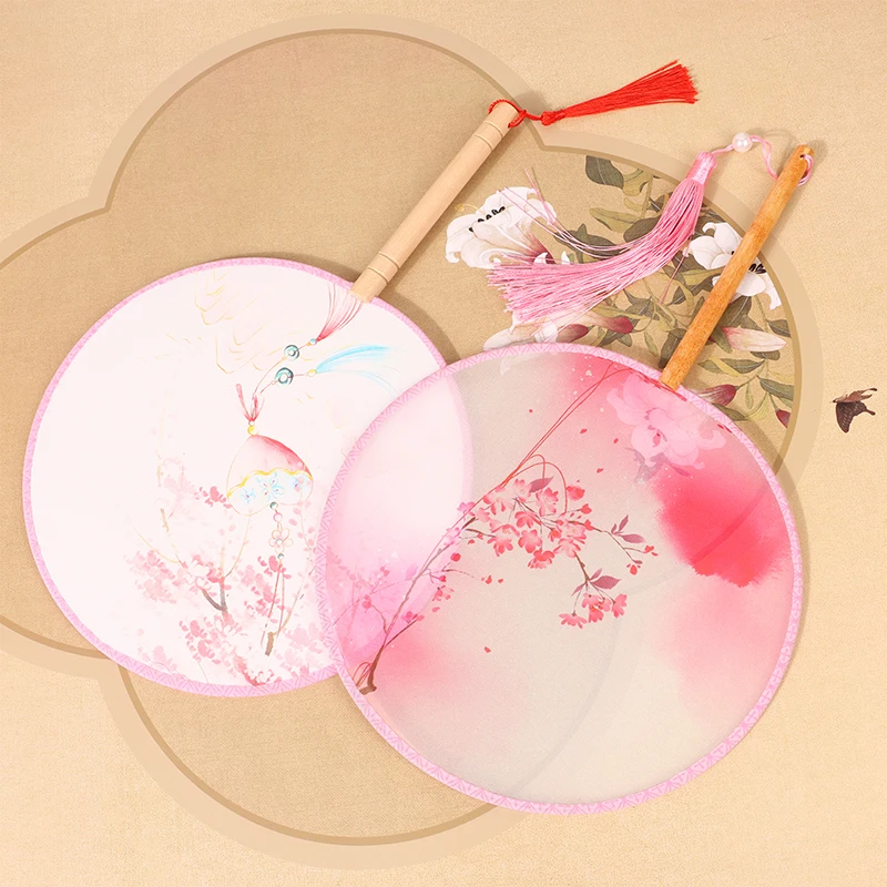 Chinese Round Hand Fan Vintage Printing Silk Fan Ancient Tassel Dance Hand Cheongsam Tang Suit Wedding Party Accessories hand fan silk fans