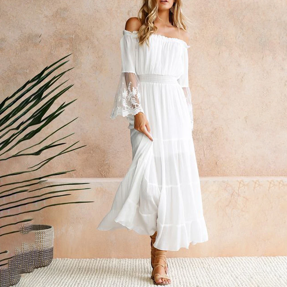

Women's Loose Fit White Lace Strapless Beach Dress Bohemian Style Long Sleeve Dress for Weddings and Summer Parties