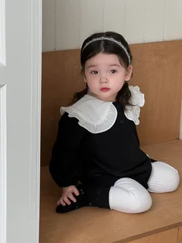 2025 Autumn New Baby Girl Cute Big Lapel Princess Bodysuit Infant Toddler Long Sleeve Solid Jumpsuit Baby Cotton Clothes 0-24M