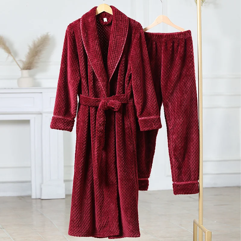 2023 New In Men Women Winter Flannel Cozy Warm Couple Pajamas Pajama Pants Set Solid Color Robe With Belt Home Wear