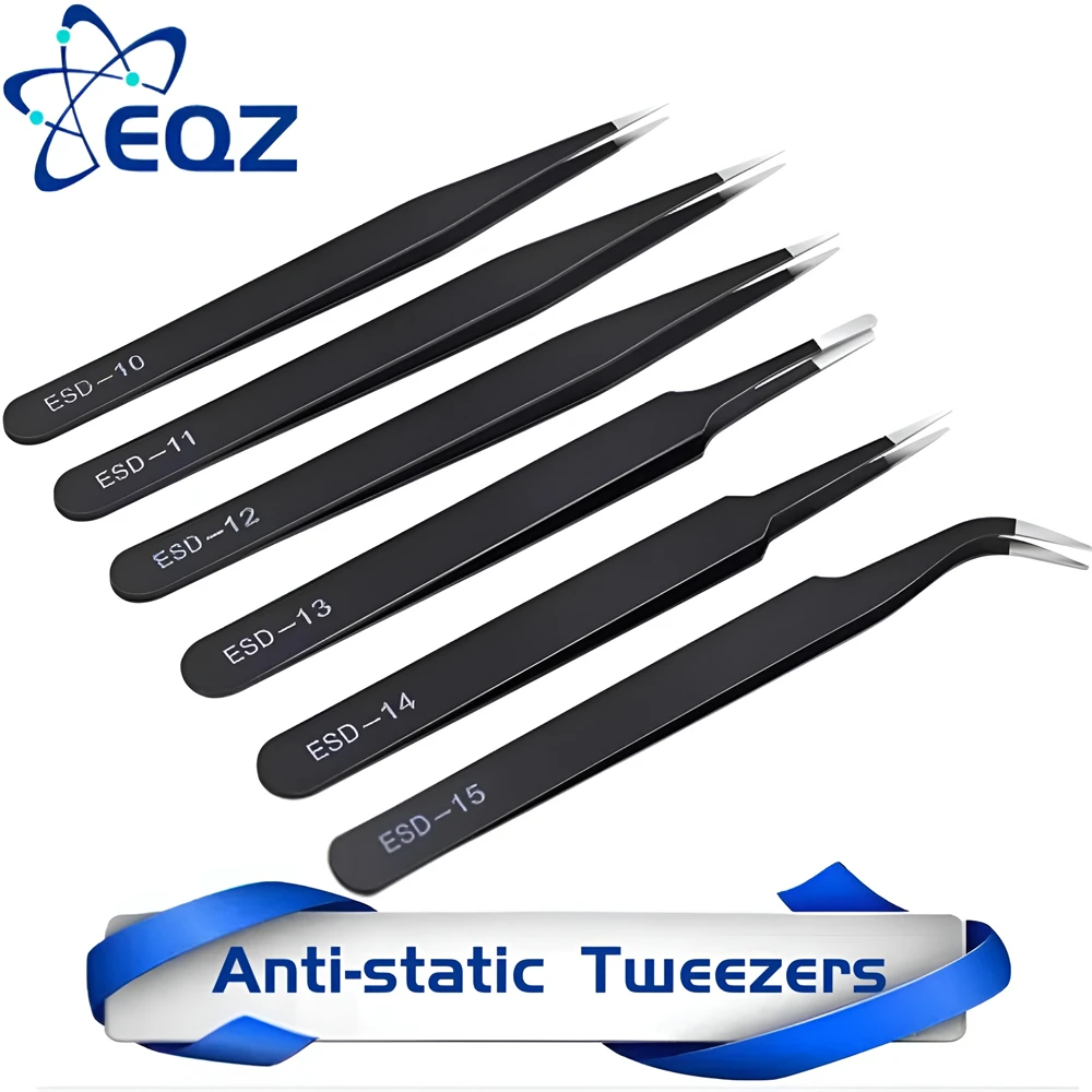 6pcs Anti-static ESD Stainless Steel Tweezers Maintenance Tools Industrial Precision Curved Straight Tweezers Repair Tools Set