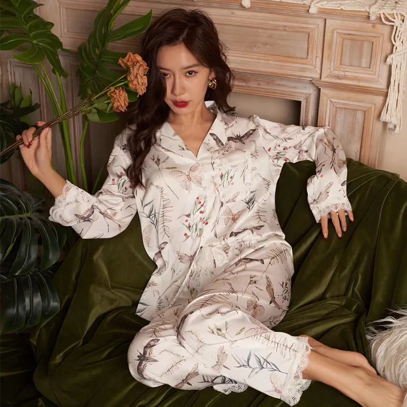 Pajamas women's imitation silk two-piece autumn long-sleeved thin homewear nightdress ladies sleepwear comfortable suit