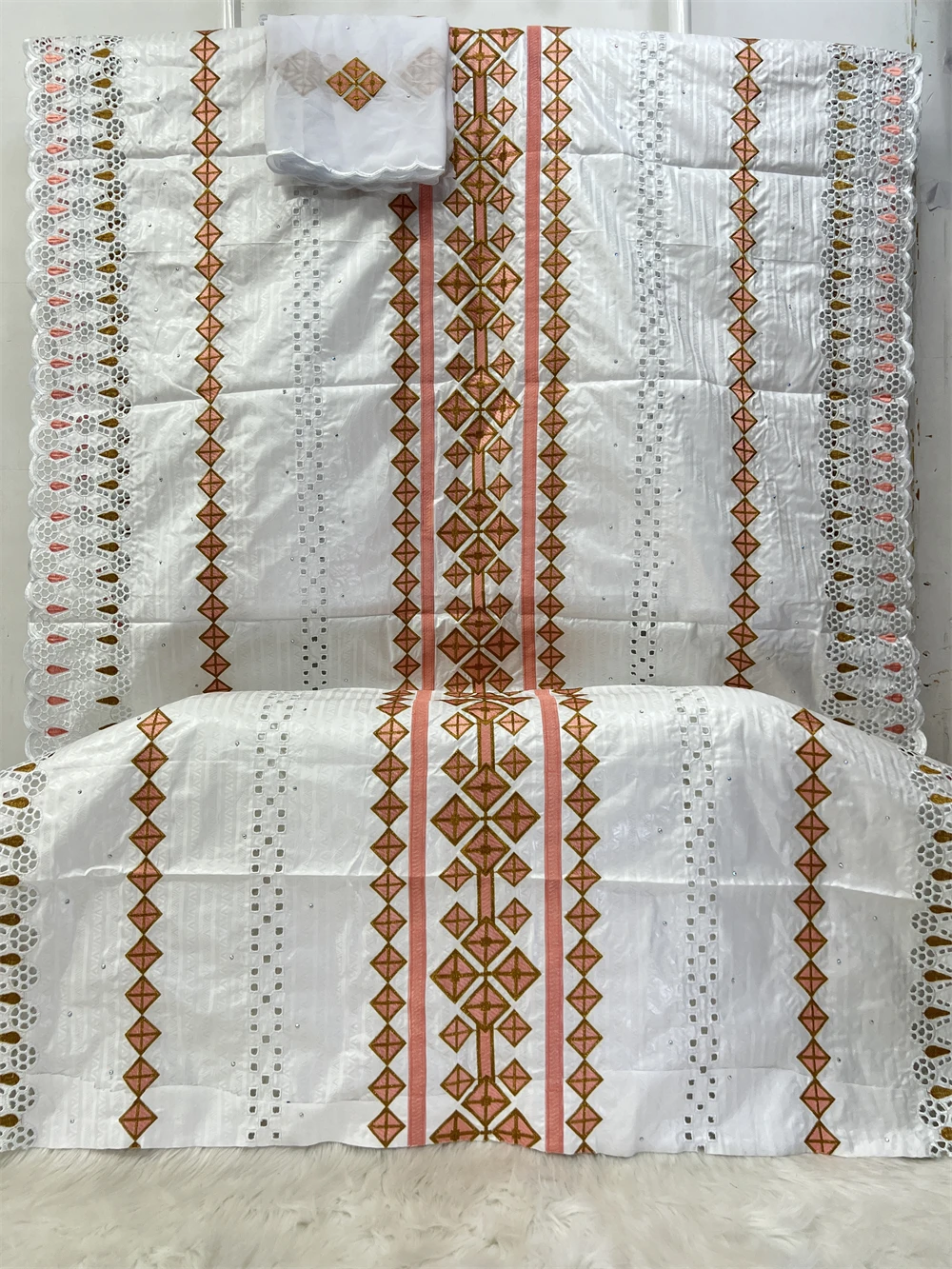 

Embroidered African Bazin Brocade and Tulle Lace, White, 5 + 2 Yards