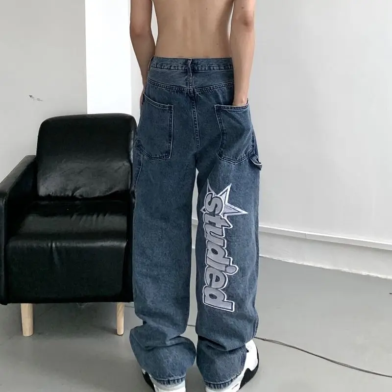 

Y2K Women Korean Fashion Streetwear Casual Letter Print Straight Wide Leg Pants Baggy Denim Trousers Men Low Rise Jeans Clothes