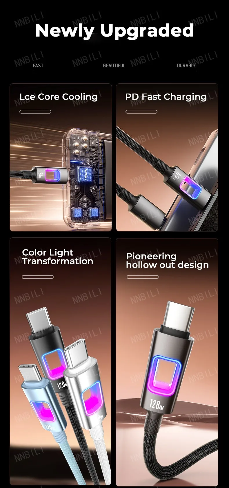 NNBILI 120W USB C To USB C For iPhone 16 17 Pro Fast Charge Cable Hollow RGB Light USB A to Type C Cable For Macbook Samsung S26