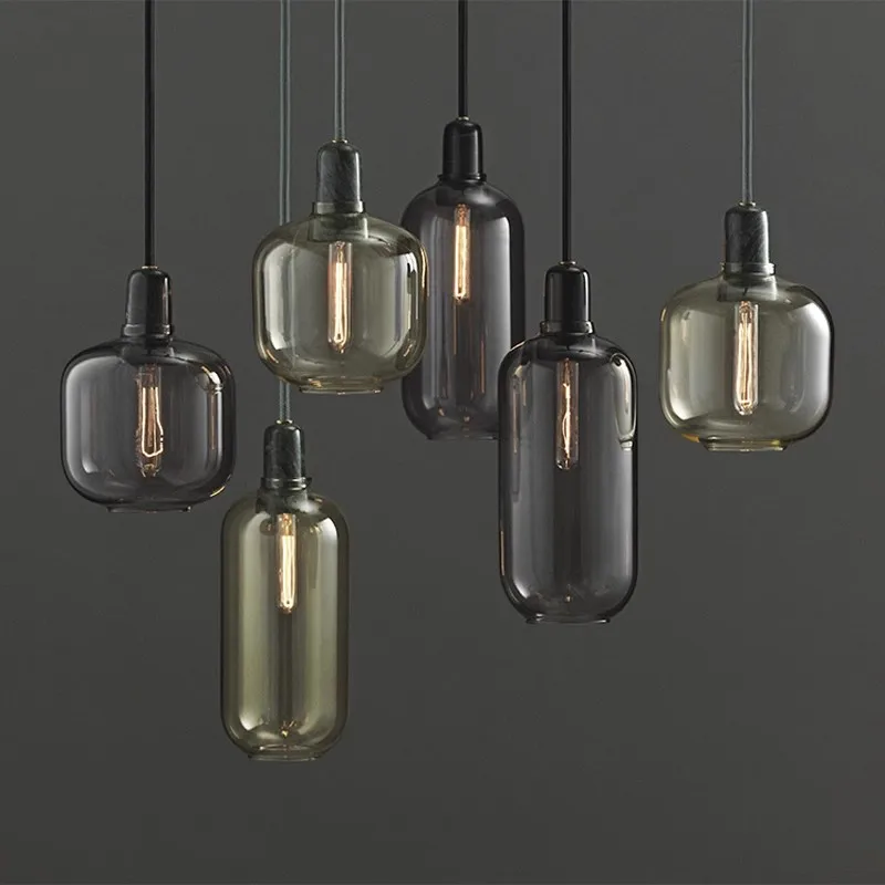 

LED loft Modern E27 Glass Lamp Pendant Lights Amber Clear Smoke Gray Simple Hanging Lamp Kitchen Living Room Bedroom Bar Light