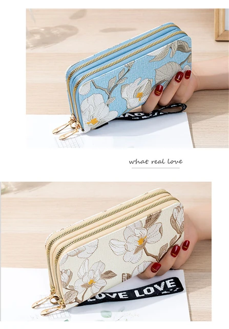 Retro Double Zipper Long Wallet With Wristlet, Heart Print Clutch Bag, Faux  Leather Mobile Phone Purse - Temu