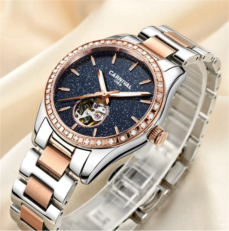 CARNIVAL Luxus Automatische Mechanische Frauen Uhren Mode Diamant Damen Starry Sky Uhr Wasserdichte Weibliche Uhr Für Geschenk_voghion.com