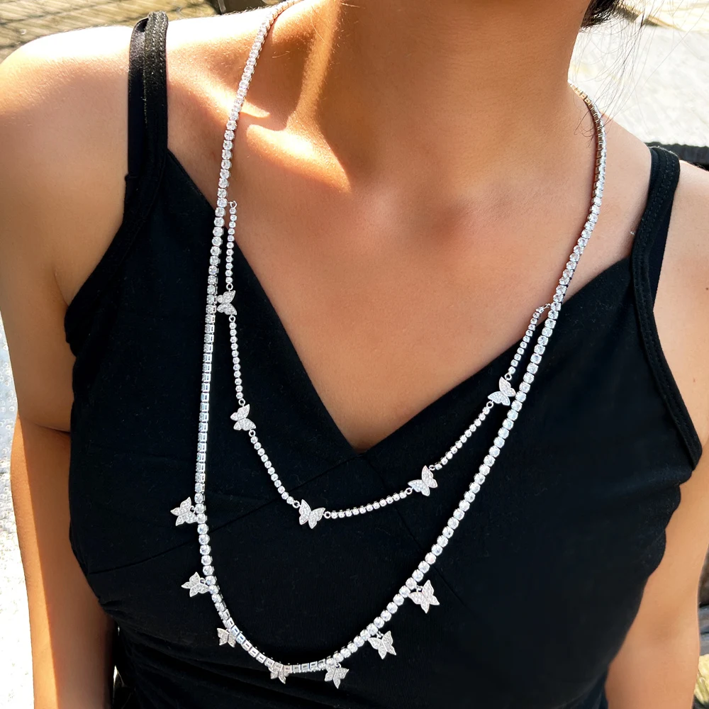 ThreeGraces 82cm Elegant Cubic Zirconia Silver Color Insect Butterfly Long Sweater Chain Necklace for Women Party Jewelry PN199