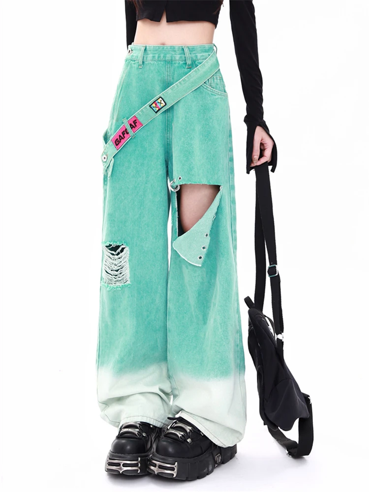 

Broken Hole Design Women's Gradient Green Jeans Street Retro Style Casual Denim Pants Female High Waisted Straight Leg Trousers