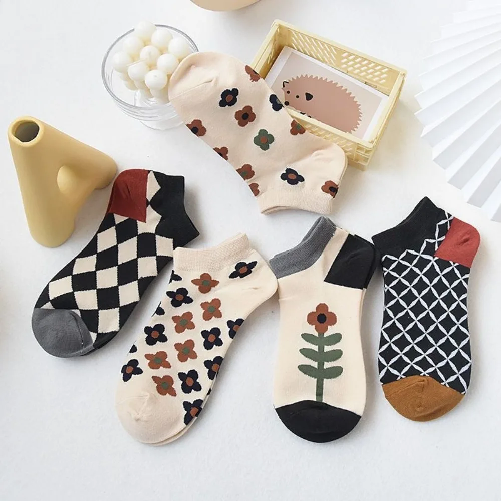 

5 Pairs Flower Printed Style Women Cotton Socks Comfortable Small Plaid Breathable Boat Socks Shallow Mouth Tube Socks