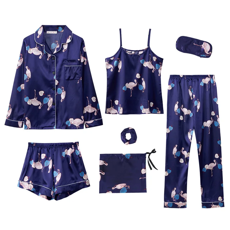 Pyjamas Women's 7 Pieces Pjs Pink Pajamas Sets Sleepwear Satin Silk Strap Lingerie Homewear Loungewear Pijamas Set For Woman