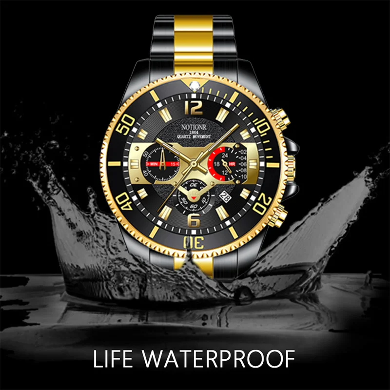 NOTIONR Fashion Mens Watches Luxury Men Sport Waterproof Stainless Steel Quartz Watch Business Luminous Clock relogio masculino