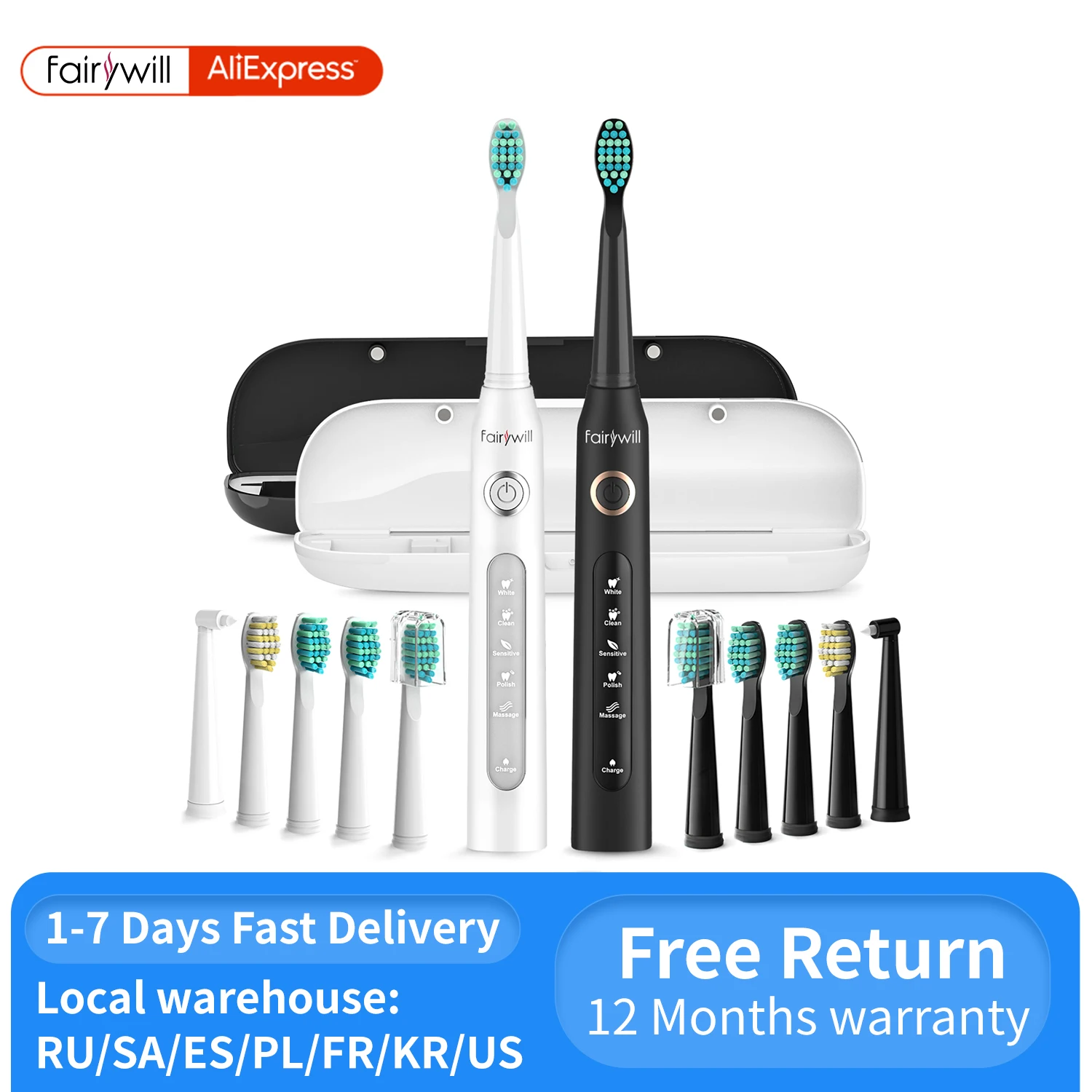 Fairywvontade-sonic Escova Elétrica Conjunto para Adultos Escovas Case Usb Charge Cabeças Escova de Dente Modos Smart Time Fw-d7