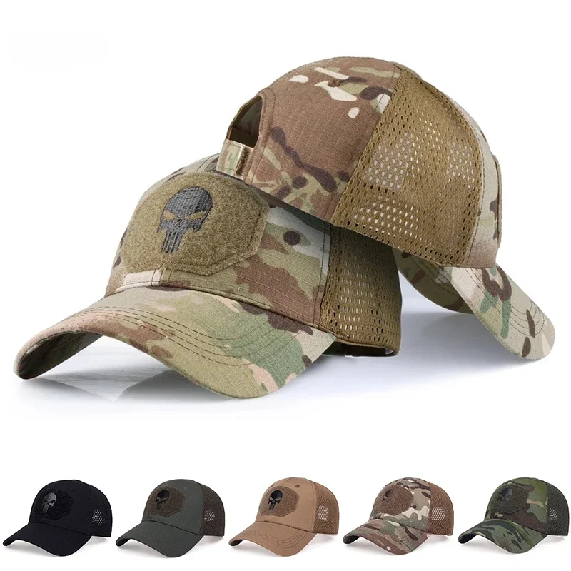 

Men's Camo Seals Skull Tactical Baseball Caps for Women Summer Airsoft Military Outdoor Mesh Snapback Cap Sun Visor Trucker Hats