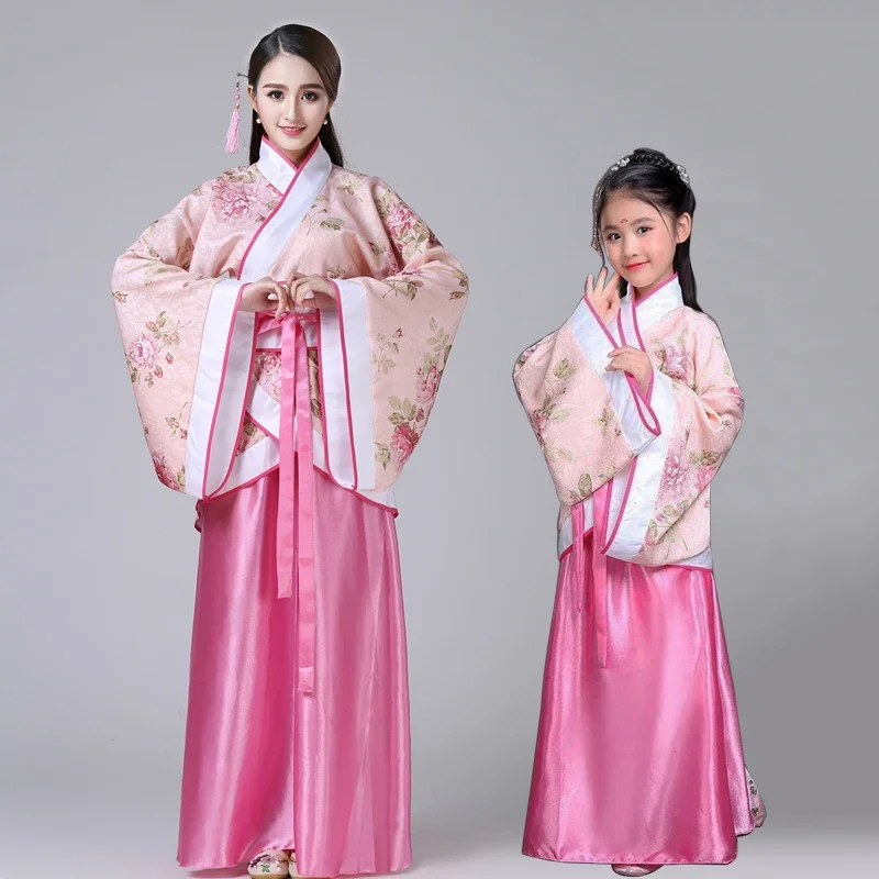 

Детский китайский костюм Hanfu, детские платья с цветами для девочек, традиционная сценическая одежда, Женский танцевальный костюм, сказочное платье для взрослых