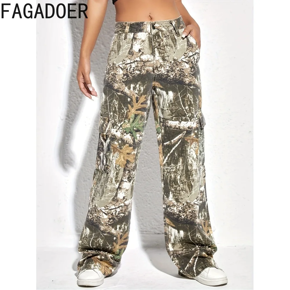 FAGADOER Fashion Printing Straight Denim Pants Women High Waisted Loose Jean Trousers Autumn Casual Matching Cowboy Bottoms 2023