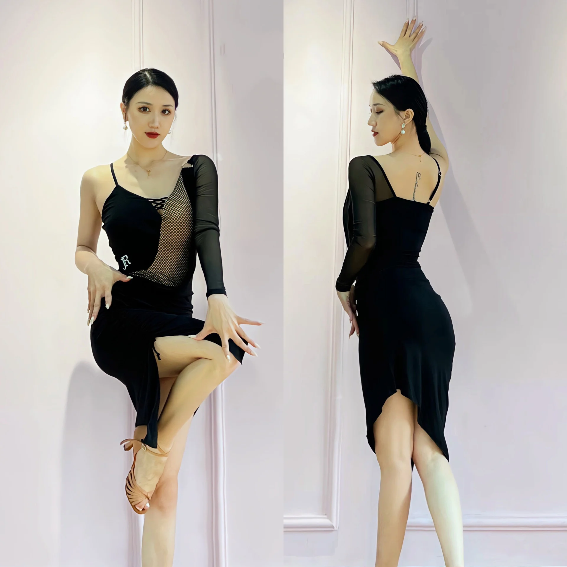 

Sexy Latin Dance Dress Women Black Off-Shoulder Lace Hollow Out Performance Wear ChaCha Rumba Tango Practice Clothes YS5082