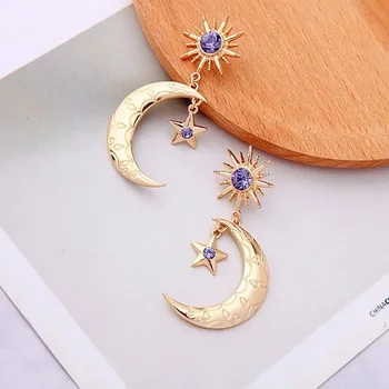 New Fashion Sun Star Moon Drop Earrings Women Purple Cubic Zircon Dance Bohemia Handmade Crystal Moon Star Drop Dangle Earring 2