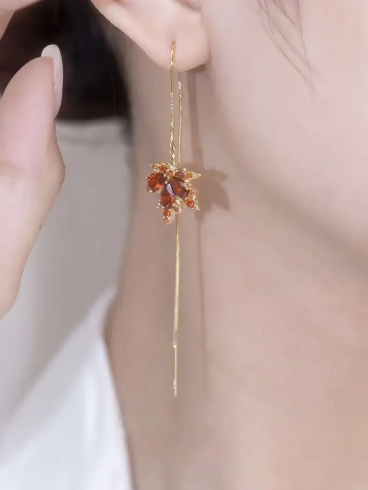 Korea Fashion Jewelry Orange Zircon Maple Leaf Pendant Earrings Necklace Women's Party Accessories jewelry sets jewelry set
