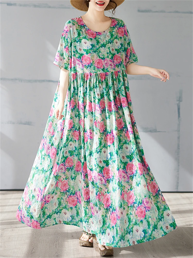 Short Sleeve Dresses For Women Casual Loose Long Cotton Vintage Fashion Dress Femme Robe Vestidos Elegant 2025 Summer Clothing