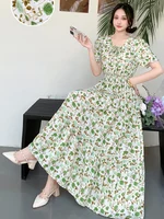 Summer New Cotton Silk Floral Print Maxi Dr ort Sve Beachwear High Waist Young Women's Large Skirt Swing Dr - Image 5