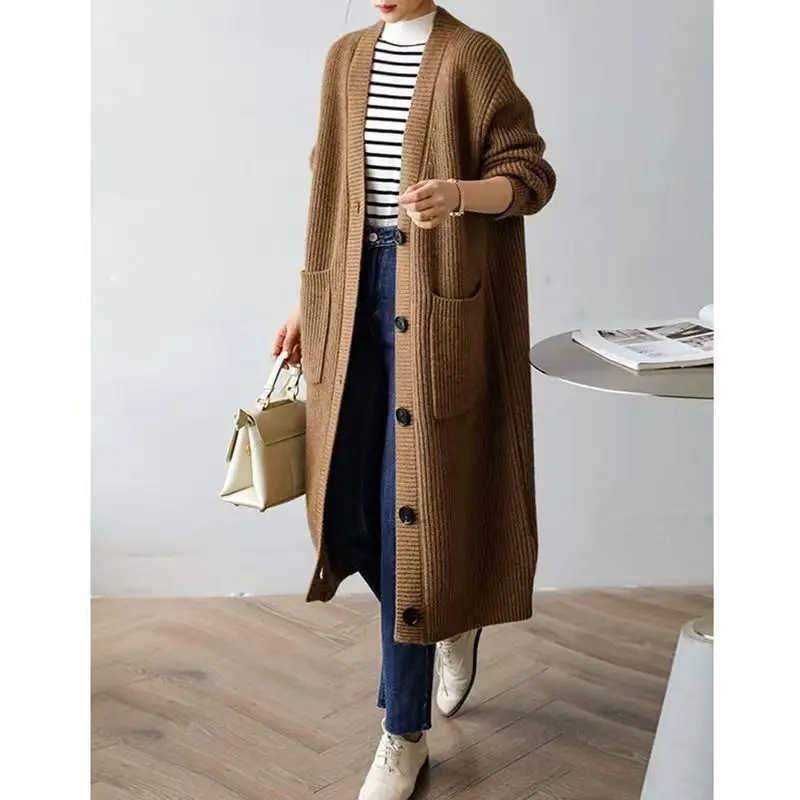 Japanese Medium to Long Knitted Cardigan Jacket for Women in Autumn and Winter Retro Loose and Thick Knit Sweater for Outerwear