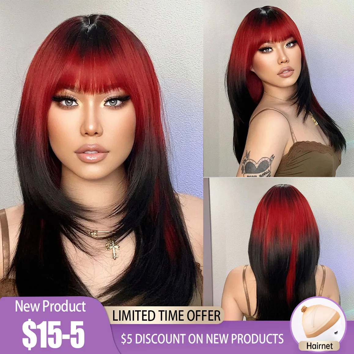 HENRY MARGU Ombre Red to Black Synthetic Wigs with Bangs Long Straight Layered Wig Colored Party Heat Resistant Hair for Women henry margu pink ombre water wave wigs synthetic natural wigs with bangs cosplay lolita hair wig for black women heat resistant